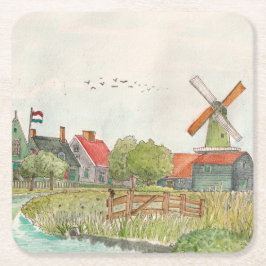Zaanse Schans Zaandam Netherlands Watercolor Poste Rechteckiger Pappuntersetzer