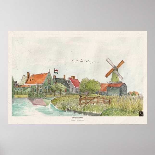Zaanse Schans Zaandam Niederlande Wasserfarbe Poster (Vorne)