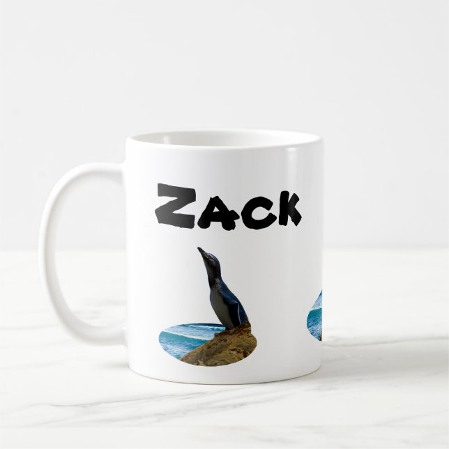 Zackname mit Pinguin, Tasse des Kaffees (Links)