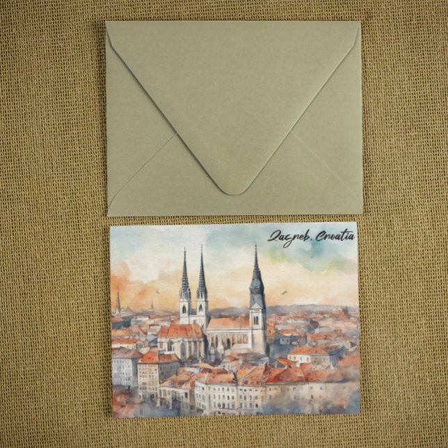 Zagreb Kroatien Stadt Silhouette Wasserfarbe Postkarte (zagreb croatia watercolor postcard)