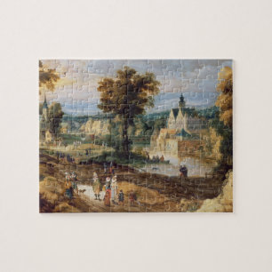 Zahlen in einer Landschaft mit Dorf und Schloss