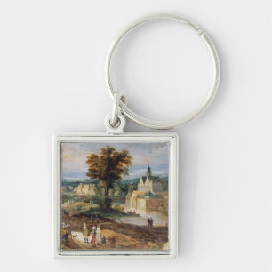 Zahlen in einer Landschaft mit Dorf und Schloss Schlüsselanhänger
