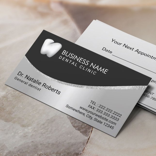 Zahnarzt Stylisches Zahnlogo Metallische Zahnpfleg Terminkarte (Von Creator hochgeladen)