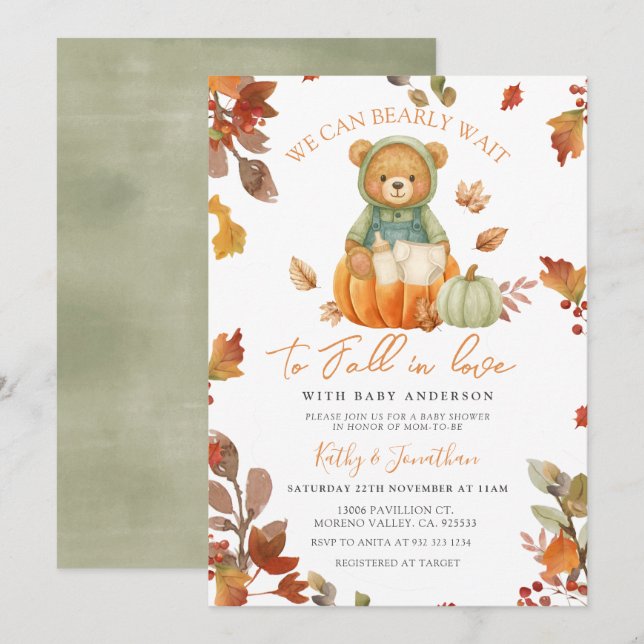 Zahnbärenfall in Liebe Pumpkin Baby Dusche Einladung (Vorne/Hinten)