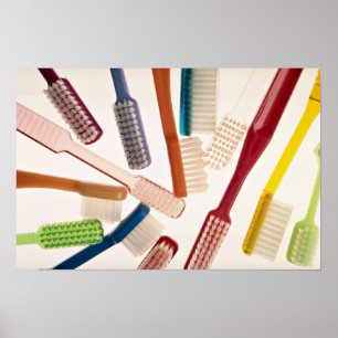 Zahnbürsten in verschiedenen Farben und Formen Poster