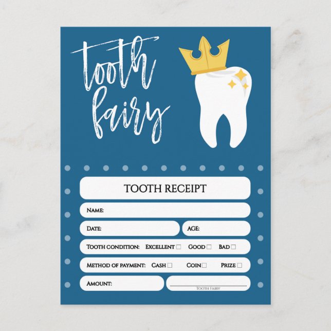 Zahnfee-Quittung Lost Tooth Boys Blue Einladungspostkarte (Vorderseite)
