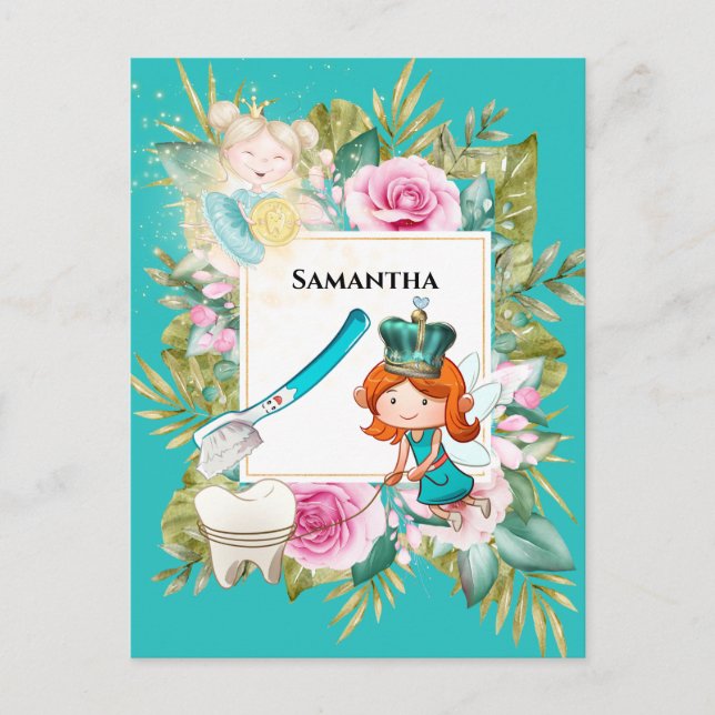 Zahnfee-Zahnbürste-Rose Postkarte (Vorderseite)