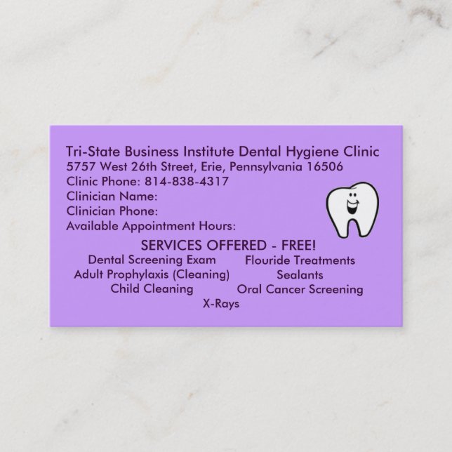 Zahnmedizinische Tristatehygiene Visitenkarte (Vorderseite)