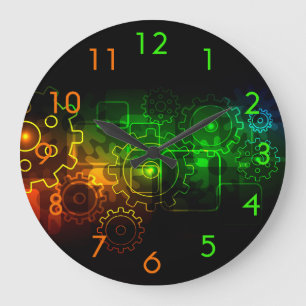 Zahnradmechanik schwarz-grün-orange große wanduhr