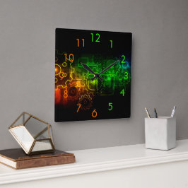 Zahnradmechanik schwarz-grün-orange quadratische wanduhr