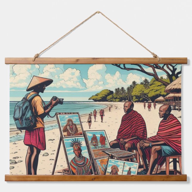 ZANZIBAR MASAI WALL TAPESTRY WANDTEPPICH MIT HOLZRAHMEN (Vorne)