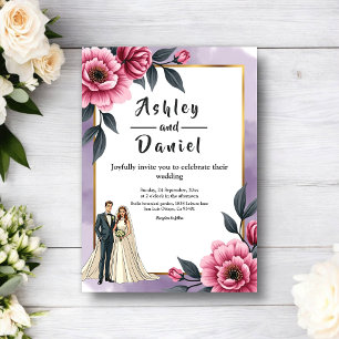Zarte Aquarell-Blumen-Braut-und-Bräutigam-Hochzeit Einladung