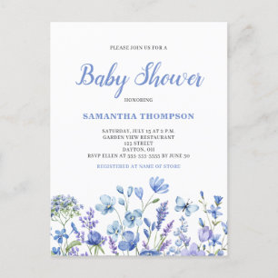 Zarte blaue florale Babyparty-Einladung Postkarte