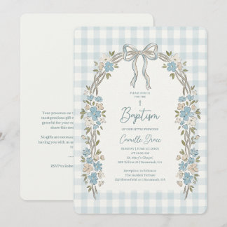 Zarte blaue florale Bogen-Gingham-Taufe Einladung