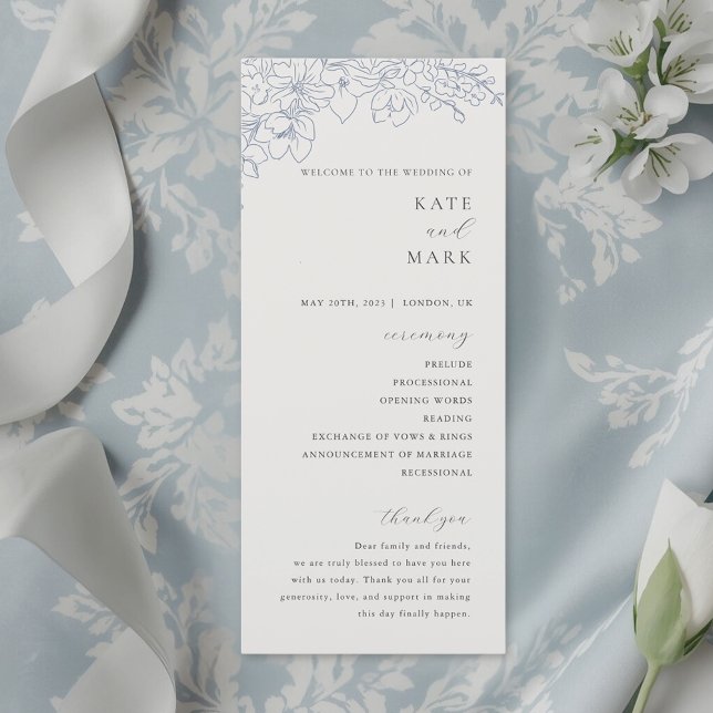 Zarte Blaue Florale Hochzeit Programm (Von Creator hochgeladen)