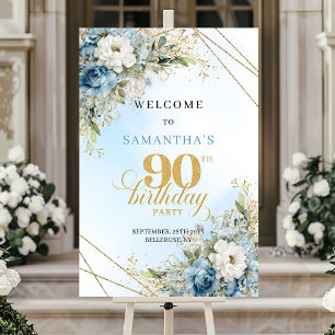Zarte Boho-Blauen Blüten goldener Rahmen 90. Gebur Poster