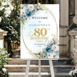 Zarte Boho-Blumen in Blau mit goldenem Rahmen zum  Poster