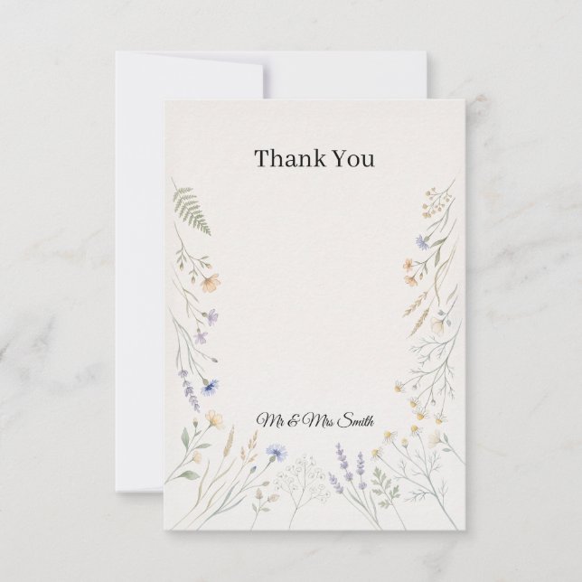 Zarte Botanische Hochzeit mit Wildblumen Dankeskarte (Vorderseite)