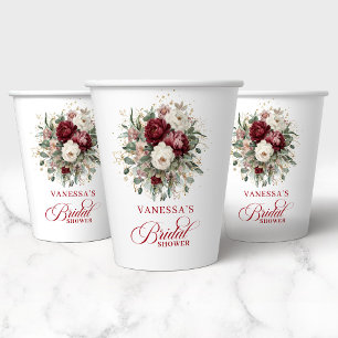 Zarte burgunderrote Blumen-Hochzeitsshower-Papierb Pappbecher