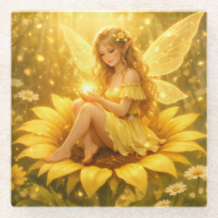 Zarte Elfe auf einer Sonnenblume Glasuntersetzer