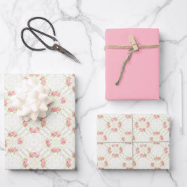 Zarte Gold-Schleifenarbeit & rosa Rosen Blumenmust Geschenkpapier Set