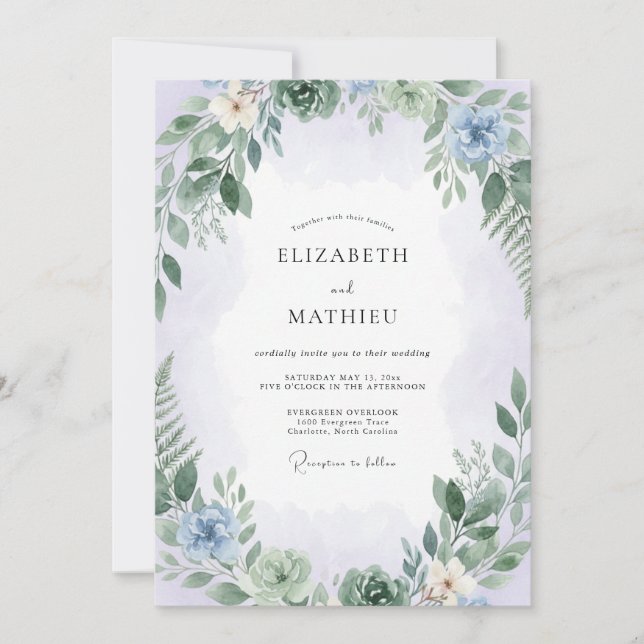 Zarte Hellblaue Blättrige Hochzeit Einladung (Vorderseite)