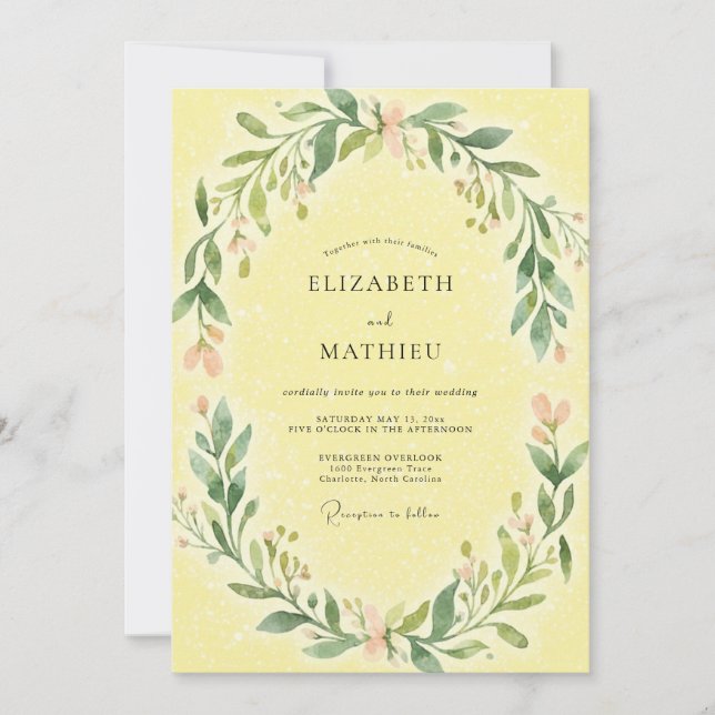 Zarte Hellgelbe Blätterhochzeit Einladung (Vorderseite)