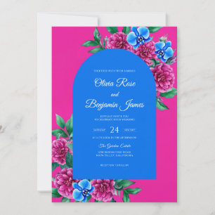 Zarte Magenta-Azura-Blüten-Hochzeit Einladung