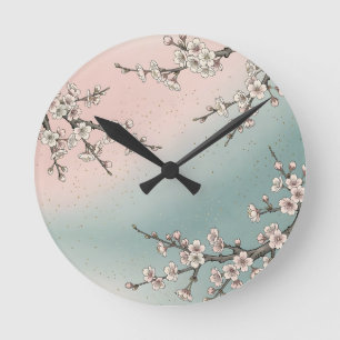 Zarte rosa Kirschblüten-Sakura-Zweige Runde Wanduhr