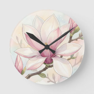 Zarte rosa Magnolie Wasserfarbenblüte Runde Wanduhr