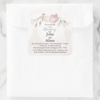 Zarte rosa Rosen & Braut und Bräutigam Kollektion Quadratischer Aufkleber