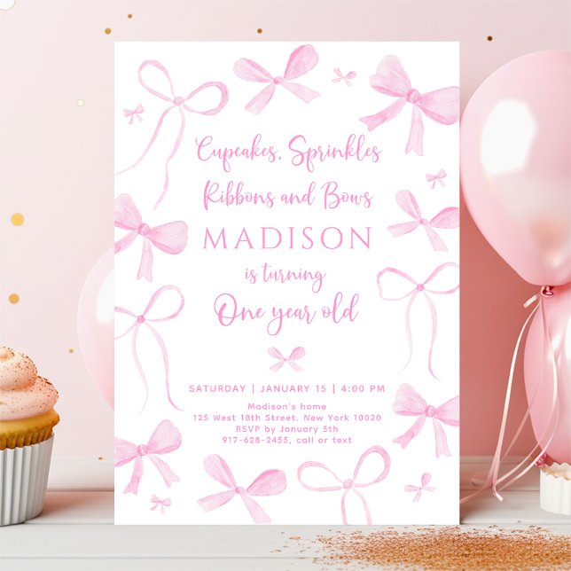 Zarte rosa Schleifen erster Geburtstag Einladung (Von Creator hochgeladen)