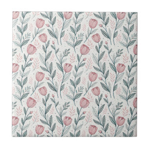 Zarte rosa Tulpe und florales Linienzeichnungsmust Fliese