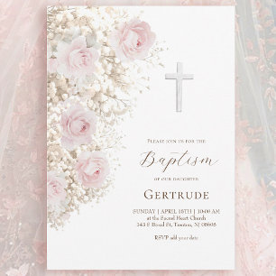 zarte Rosen und Gypsophila-Blumenstrauß Taufe Einladung