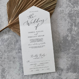 Zarte schwarze Kalligrafie-Hochzeit All In One Einladung