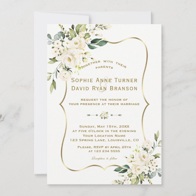 Zarte, weiße Blume Goldrahmen Hochzeit Einladung (Vorderseite)