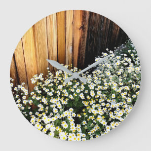 Zarte weiße Blumen an einem verwitterten Zaun Große Wanduhr