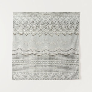 Zarte weiße Spitze, Textil Nahaufnahme. Wandteppich