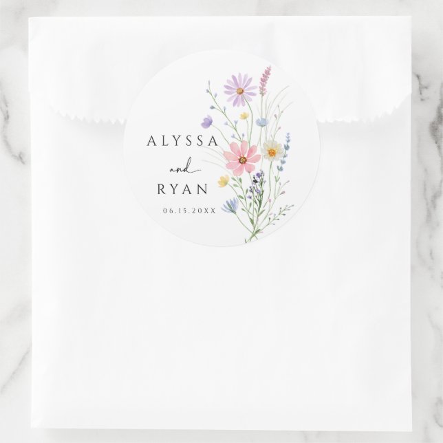 Zarte Wildblumen-Wiesen-Hochzeit Runder Aufkleber (Tasche)