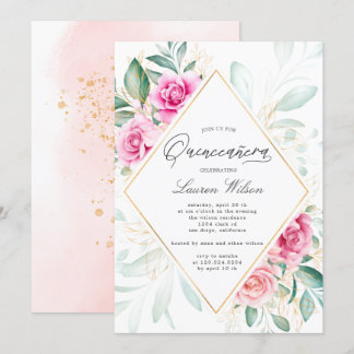 zarter Garten Blumenrosen Quinceanera Einladung