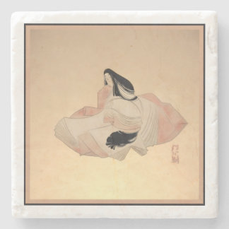 Zartes, altes japanisches Druckbild auf Marmor-Unt Steinuntersetzer