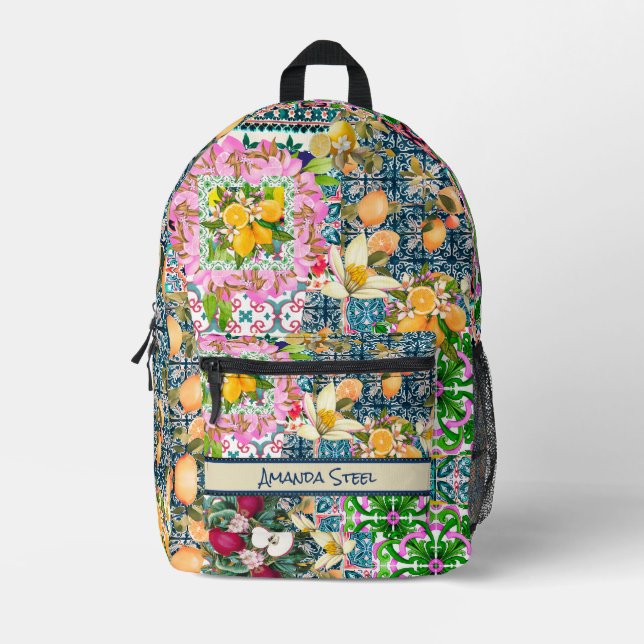 Zartes blaues, sizilianisches Zitrusfliesen Bedruckter Rucksack (Vorderseite)