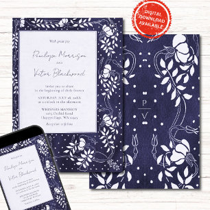 Zartes Blumenrahmen auf blauer Hochzeitseinladung Einladung