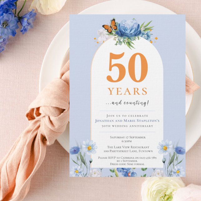 Zartes Floralblau-orange Hochzeitstag Einladung (Von Creator hochgeladen)