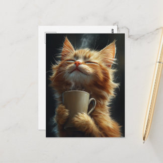 Zartes glückliches Ingwerkätzchen mit einem Kaffee Postkarte