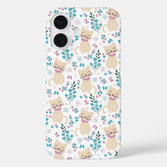 Zartes Kätzchen und botanisches Doodle iPhone 16 Hülle (Rückseite)