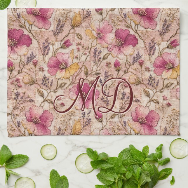 Zartes Pastell-Patchwork-Blumenmuster Geschirrtuch (Gefaltet)