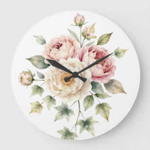 Zartes Pfingstrosenbouquet Wasserfarben-Eleganz Große Wanduhr