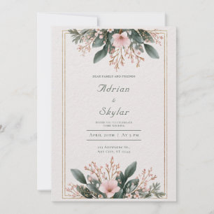 Zartes Rosa Florales Goldrahmen Hochzeit Einladung