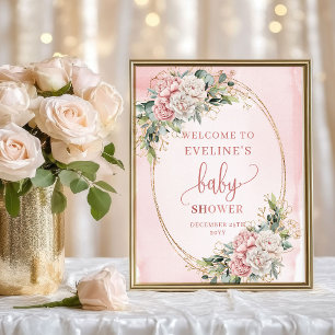 Zartes Willkommen Dusty Pink Florales Babyshower Poster